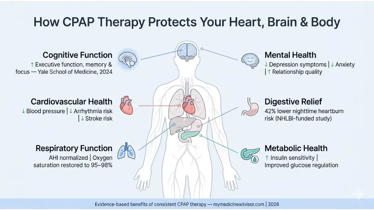 CPAP Therapy medical anatomy diagram showing benefits for heart brain lungs metabolism and mental health