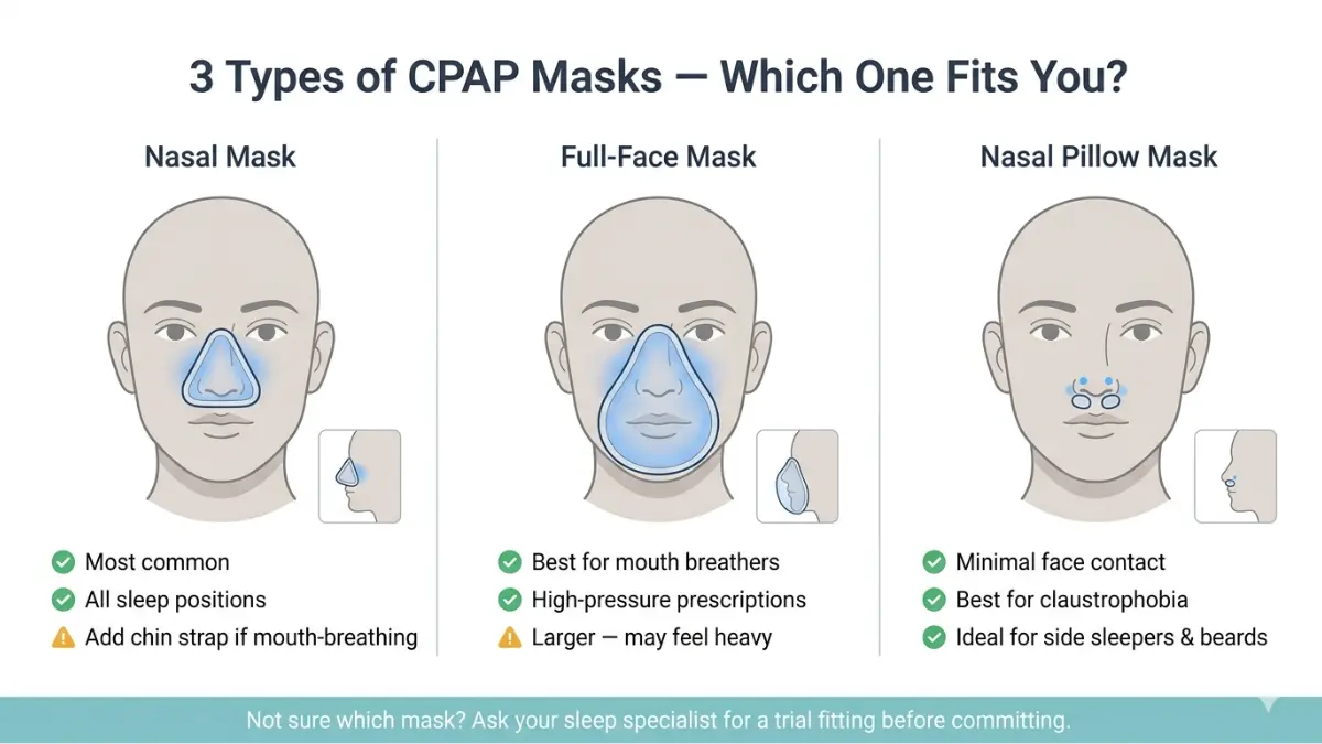 CPAP Therapy mask types comparison diagram showing nasal mask full face mask and nasal pillow mask fit and coverage