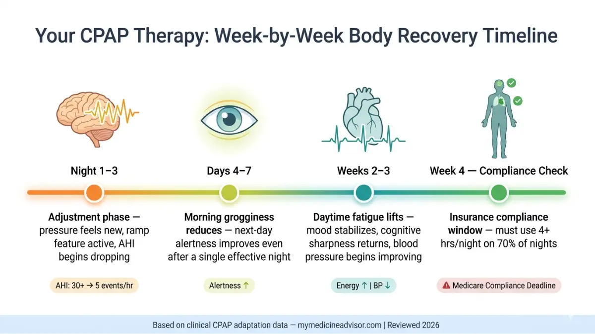 CPAP Therapy recovery timeline infographic showing body improvements from night one to 30 days of treatment