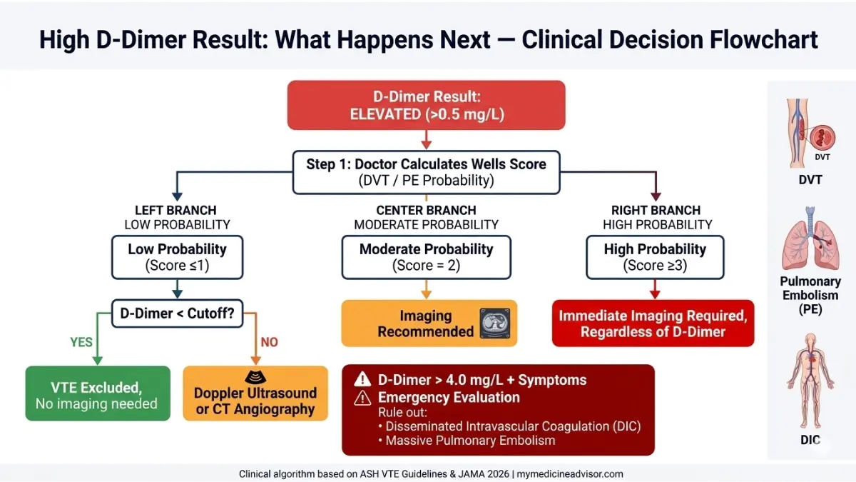 D-Dimer Range Chart interpretation showing clinical decision flowchart for elevated D-dimer using Wells score and imaging tests