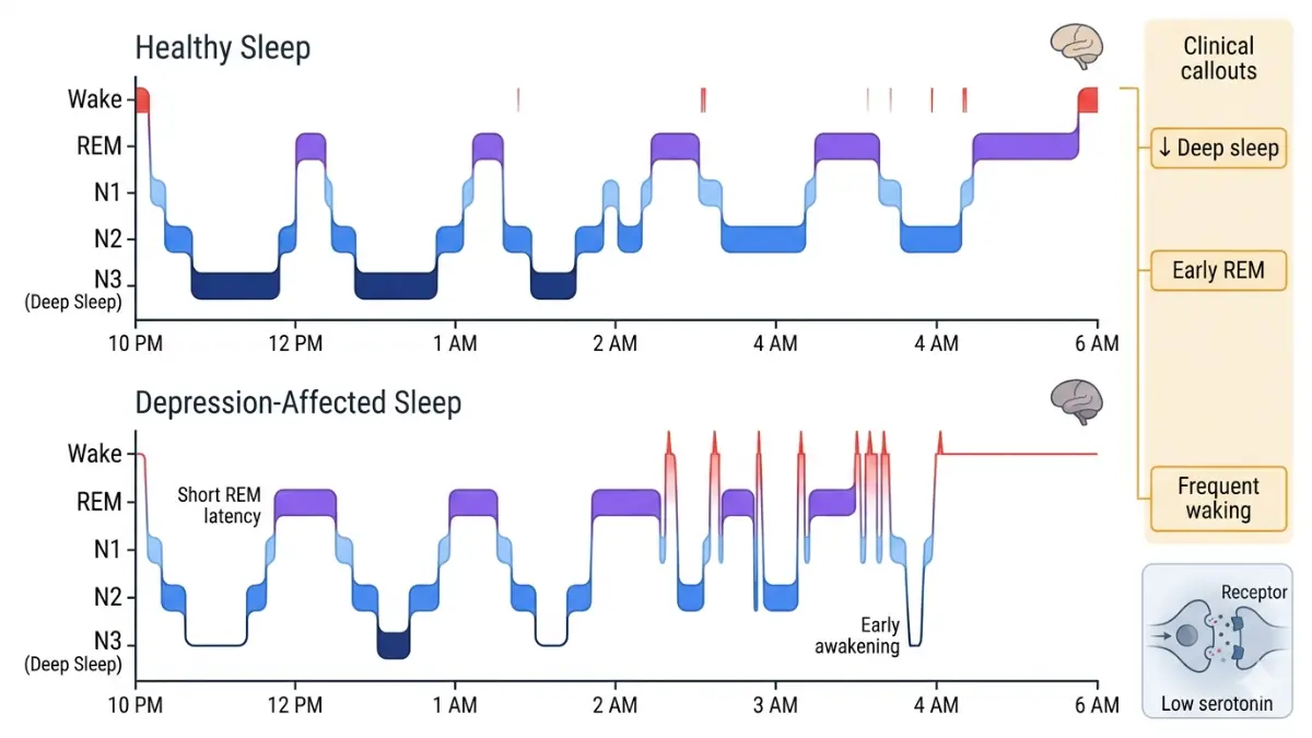Sleep architecture comparison showing depression effects on REM and deep sleep contributing to sleep problem