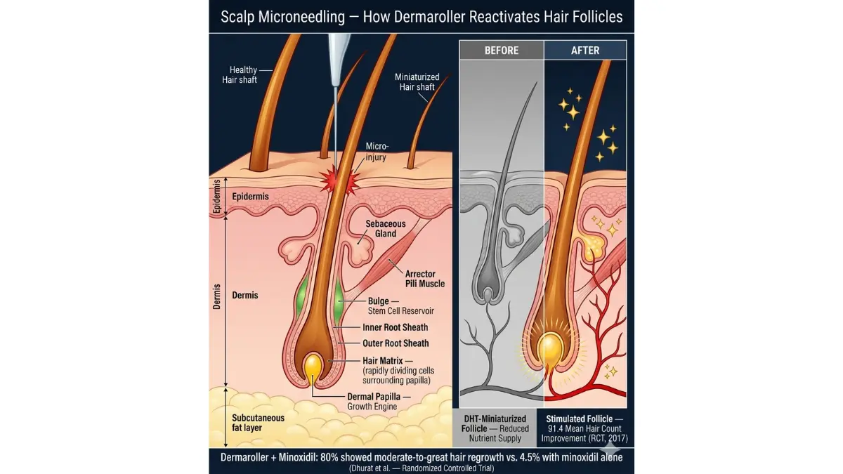 Dermaroller scalp microneedling stimulating hair follicle dermal papilla and stem cell activation anatomy diagram