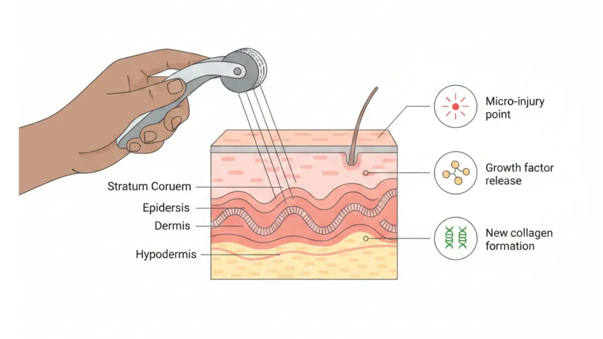 Dermaroller needle penetrating facial skin layers showing collagen stimulation in the dermis medical anatomy diagram