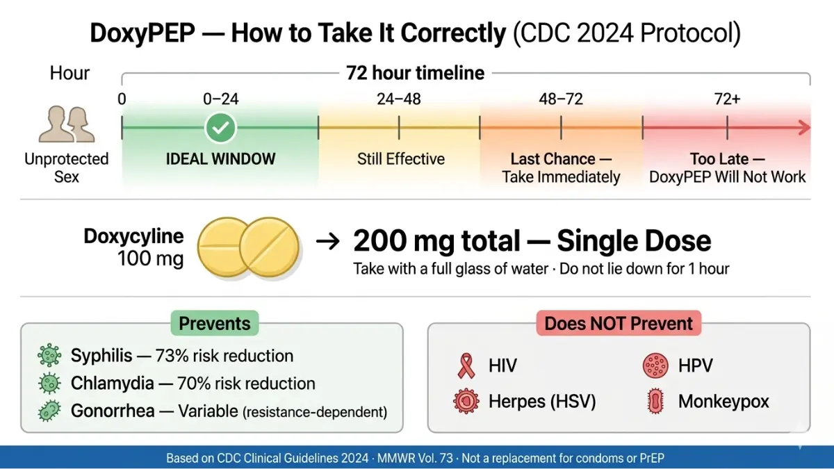 Doxycycline DoxyPEP timeline showing how Doxycycline should be taken within 72 hours after exposure for STI prevention