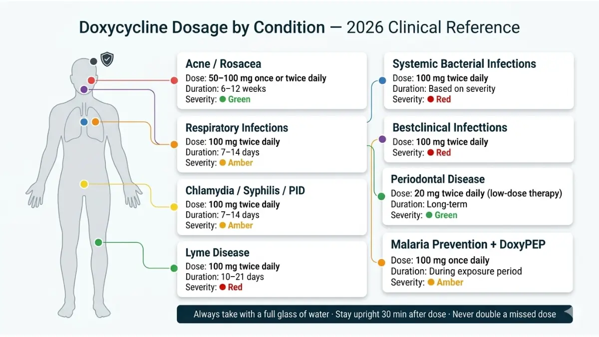 Doxycycline dosage chart showing recommended Doxycycline doses for acne, respiratory infections, STIs, Lyme disease, and malaria prevention