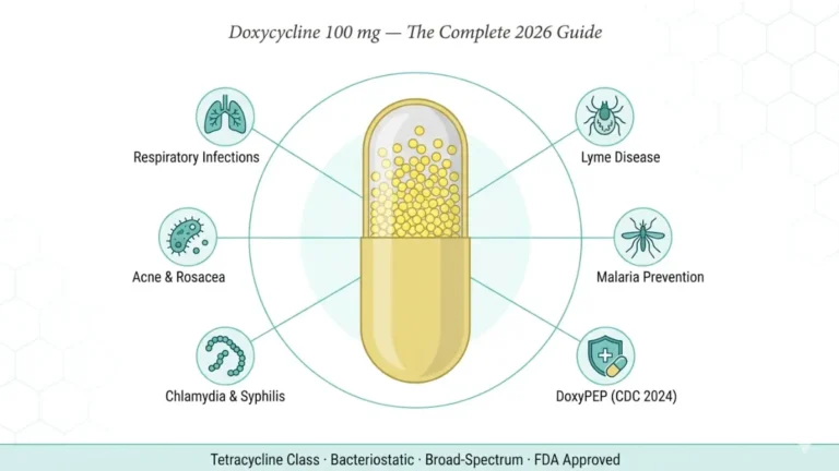 Doxycycline 100mg capsule diagram showing how Doxycycline is used for acne, infections, Lyme disease, malaria prevention and STIs
