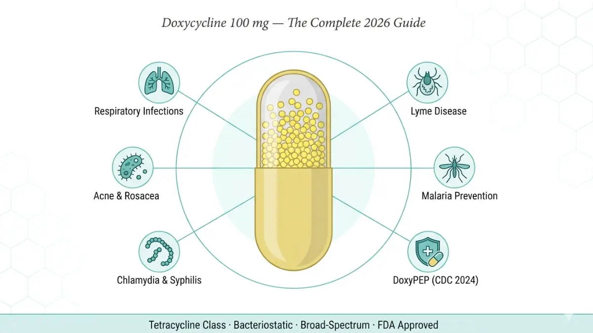 Doxycycline 100mg capsule diagram showing how Doxycycline is used for acne, infections, Lyme disease, malaria prevention and STIs