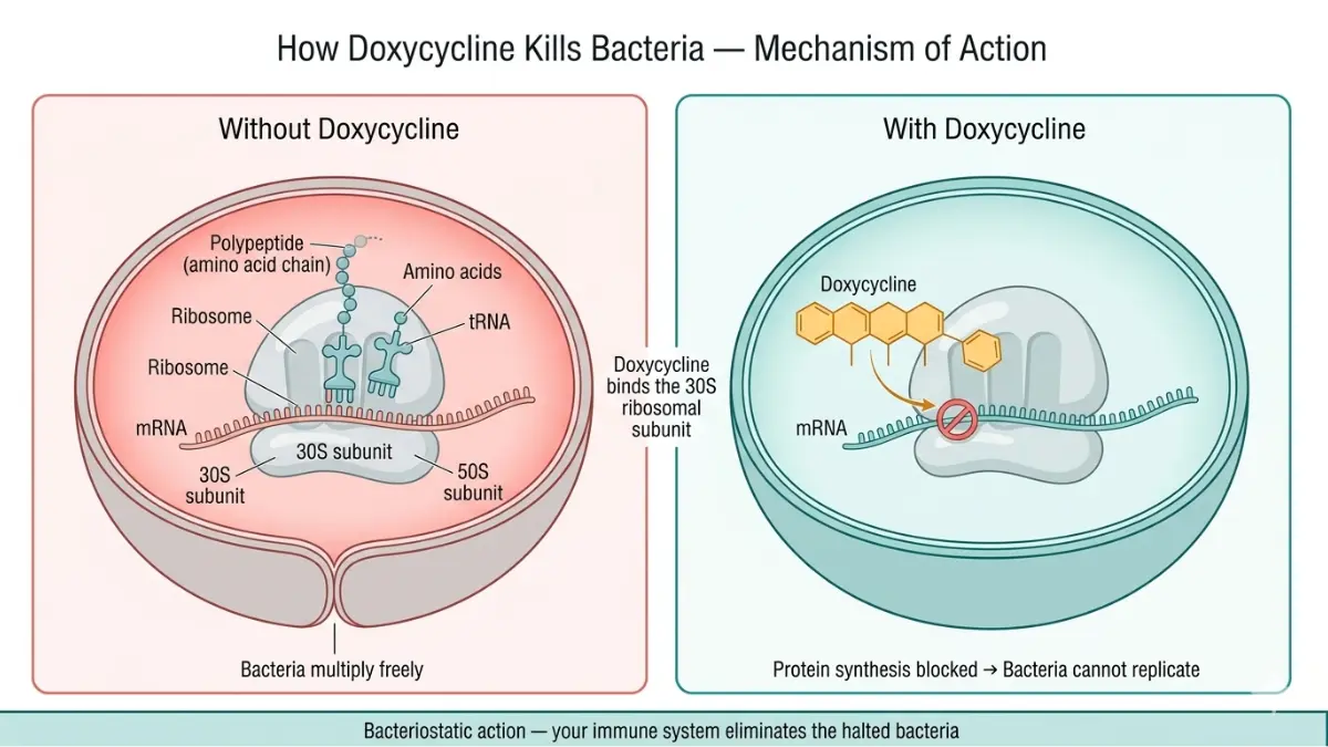 Doxycycline mechanism of action diagram showing how Doxycycline binds to the 30S ribosomal subunit and blocks bacterial protein synthesis