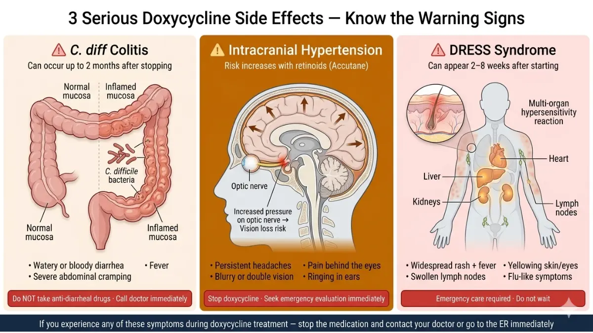 Doxycycline serious side effects diagram showing risks like C diff colitis, intracranial hypertension, and Doxycycline induced DRESS syndrome