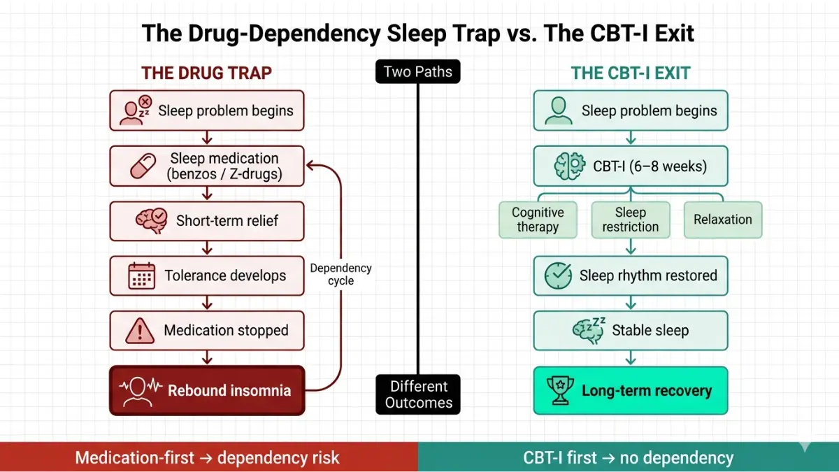 Medications That Cause Insomnia flowchart comparing medication dependency cycle and rebound insomnia versus CBT-I therapy pathway for long term sleep improvement