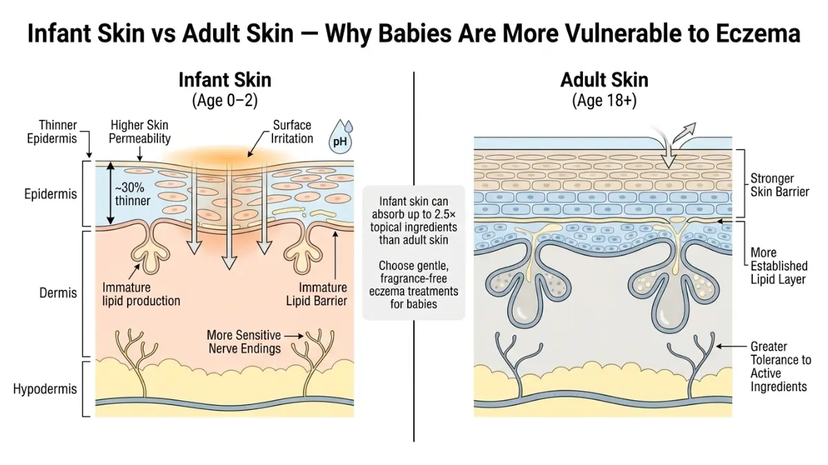Eczema Cream educational diagram comparing baby skin vs adult skin showing higher absorption and thinner epidermis