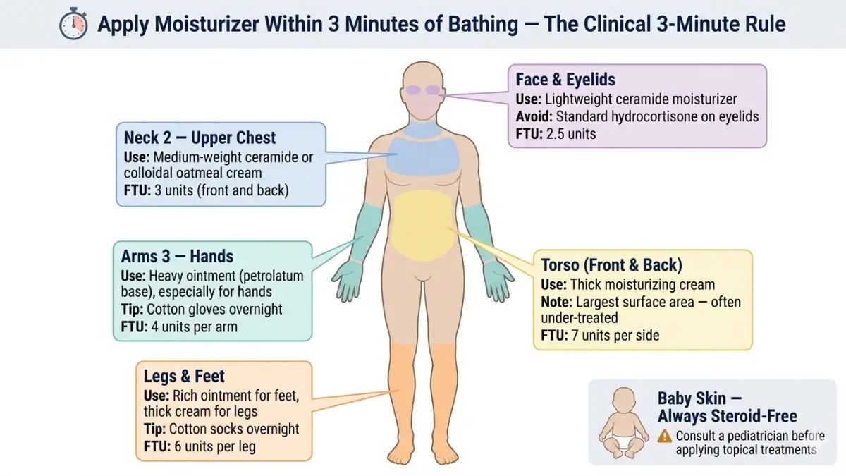 Eczema Cream body map showing where to apply eczema cream and fingertip unit dosing for different body areas
