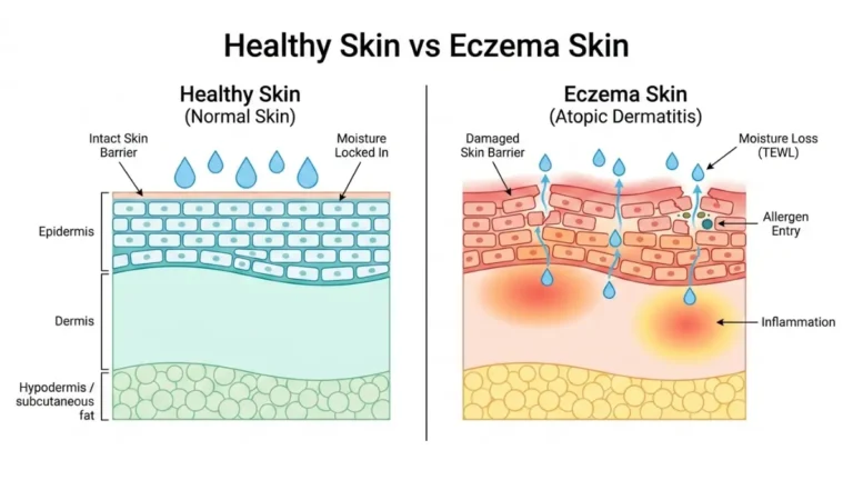Eczema Cream explanation diagram showing healthy skin vs eczema skin barrier with moisture loss and inflammation
