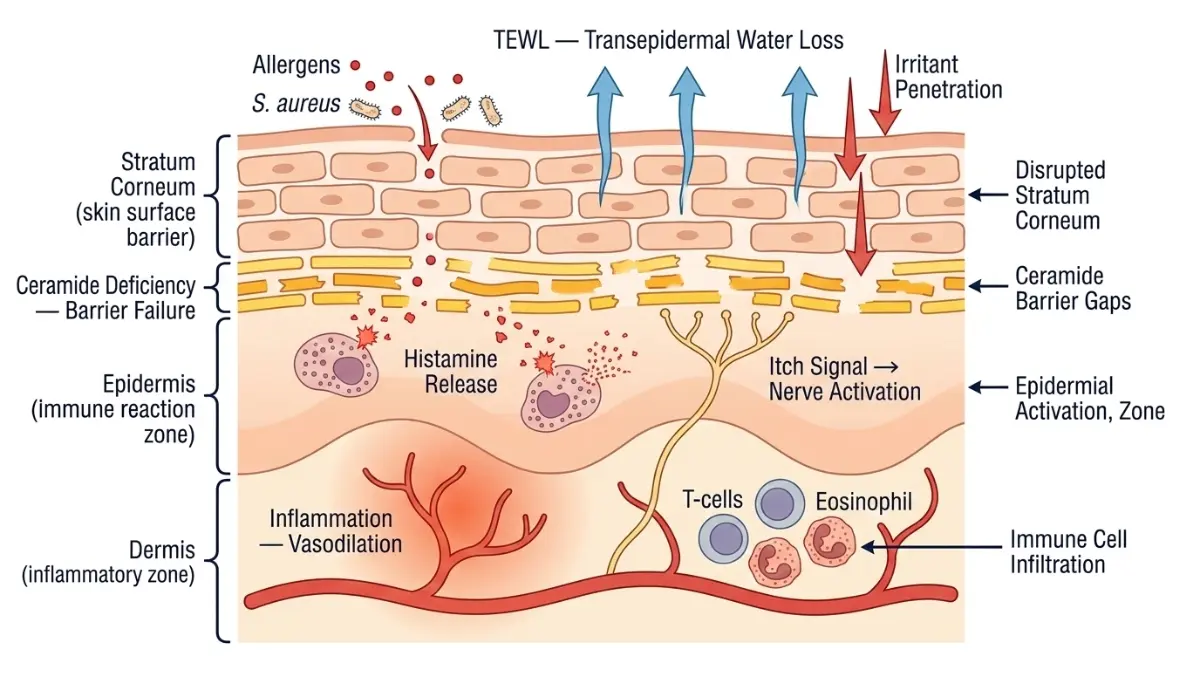 Eczema Cream scientific diagram showing skin barrier damage, ceramide deficiency, allergens penetration and transepidermal water loss