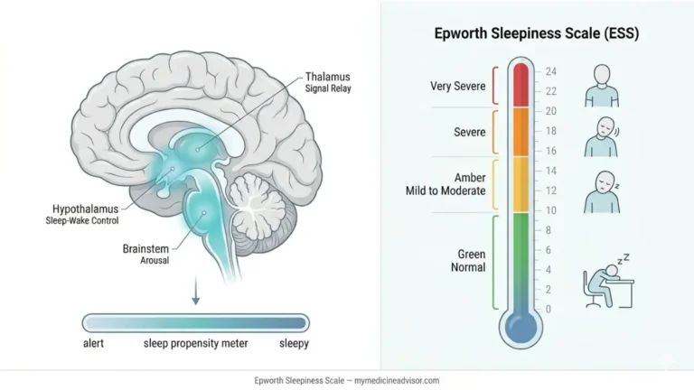 Epworth Sleepiness Scale medical diagram showing brain sleep wake pathway and score range from 0 to 24