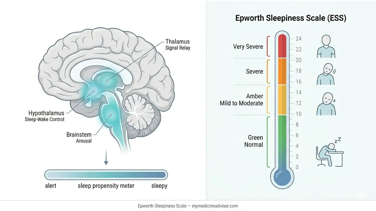 Epworth Sleepiness Scale medical diagram showing brain sleep wake pathway and score range from 0 to 24