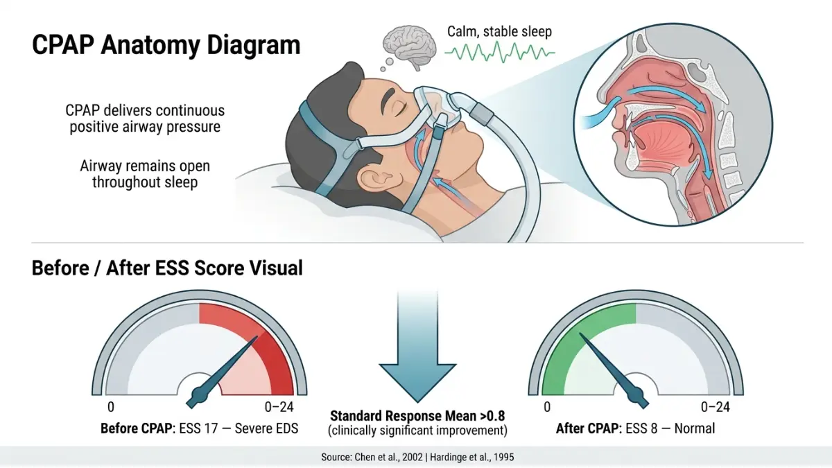Epworth Sleepiness Scale diagram showing CPAP treatment improving ESS score from severe to normal range