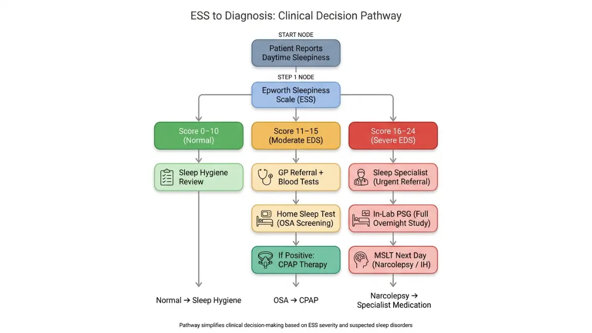 Epworth Sleepiness Scale clinical pathway flowchart showing diagnosis steps from ESS score to sleep disorder treatment