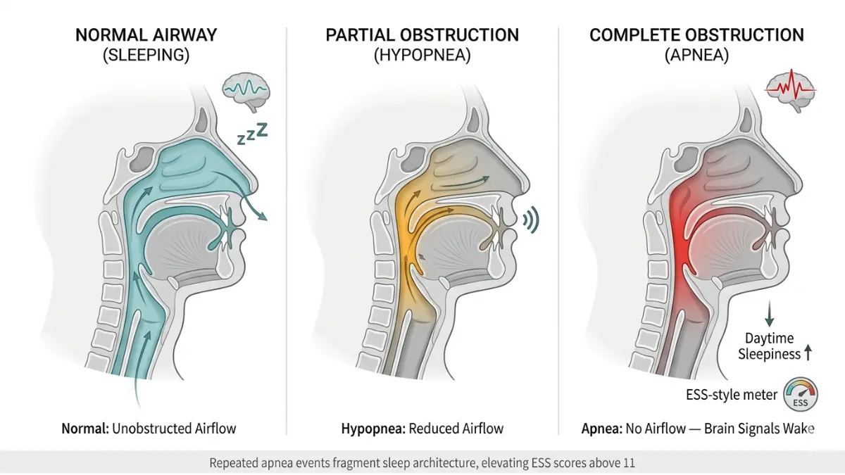 Epworth Sleepiness Scale anatomical diagram showing normal airway hypopnea and apnea causing daytime sleepiness