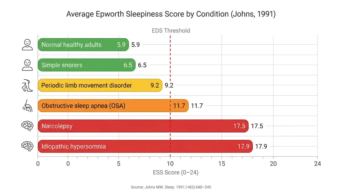 Epworth Sleepiness Scale bar chart showing average scores for sleep disorders including OSA narcolepsy and hypersomnia