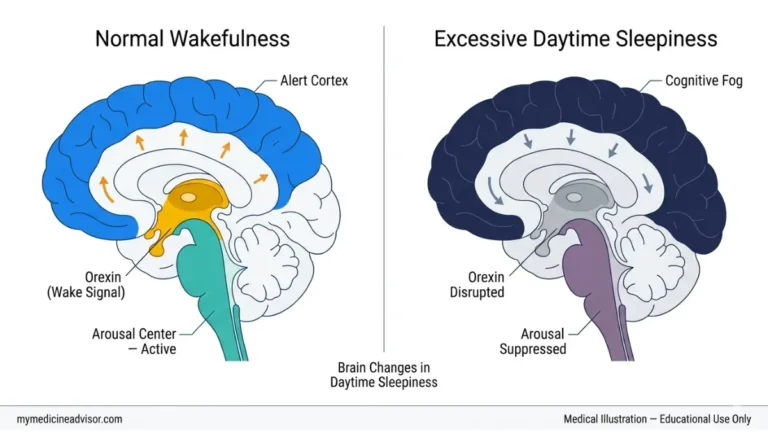 Excessive Daytime Sleepiness brain diagram showing orexin deficiency and reduced wake signals vs normal alert brain
