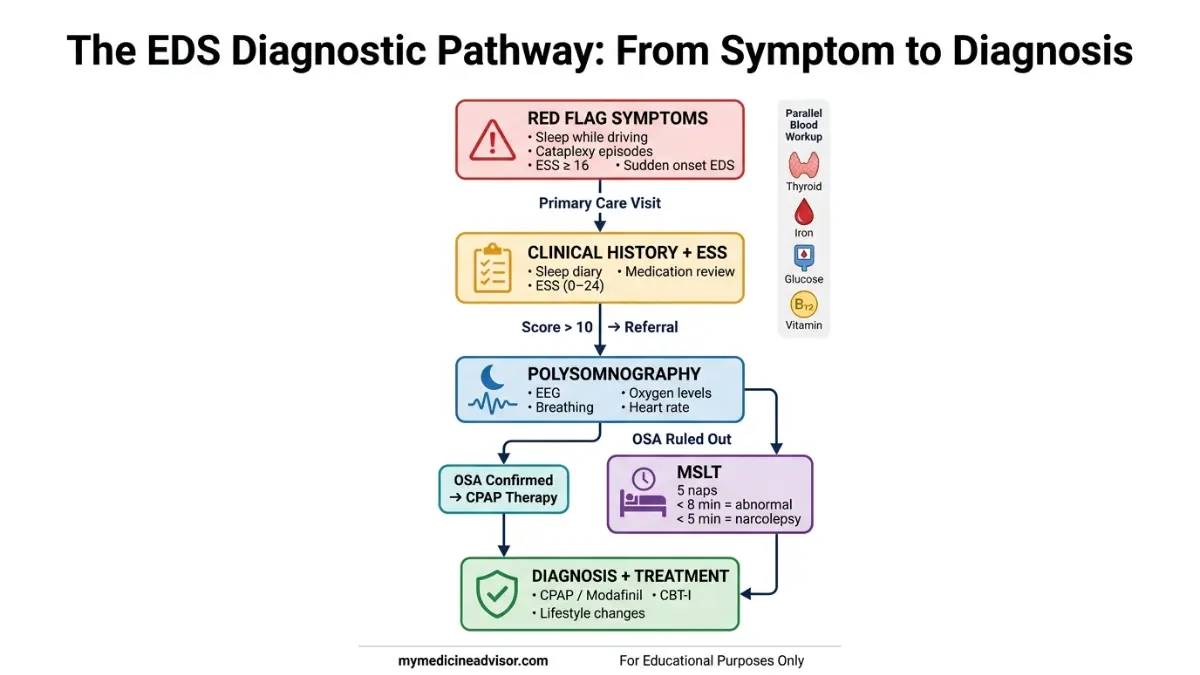 Excessive Daytime Sleepiness diagnosis flowchart showing ESS scoring, sleep study, MSLT and treatment pathway