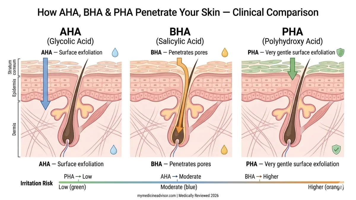 Medical comparison diagram showing how a facial exfoliator using AHA BHA and PHA acids penetrates different depths of the skin and pores
