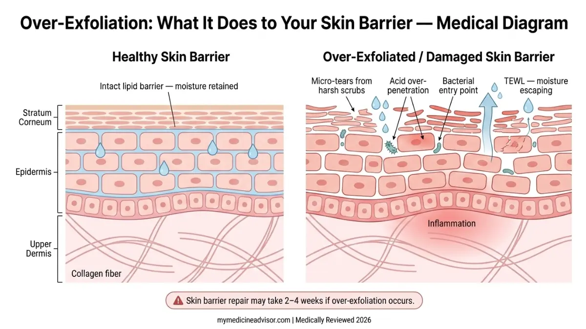 Medical diagram showing how excessive facial exfoliator use damages the skin barrier causing transepidermal water loss and bacterial entry