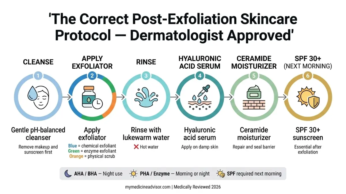 Clinical infographic showing the correct skincare routine after using a facial exfoliator including cleansing serum moisturizer and sunscreen