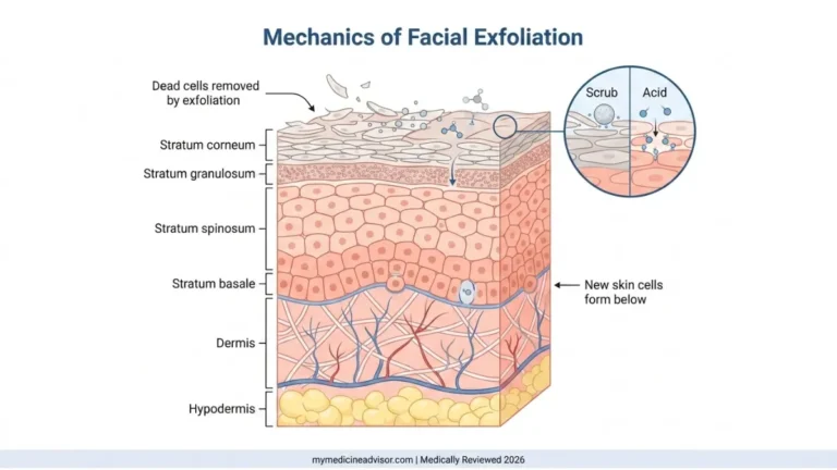Medical anatomy diagram showing how a facial exfoliator removes dead skin cells from the stratum corneum and stimulates new cell formation in deeper skin layers