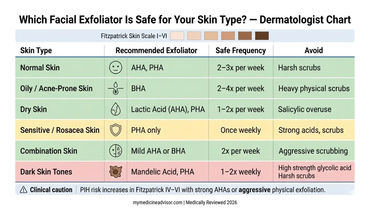 Dermatologist reference chart showing which facial exfoliator types are safest for different skin types including sensitive and dark skin tones
