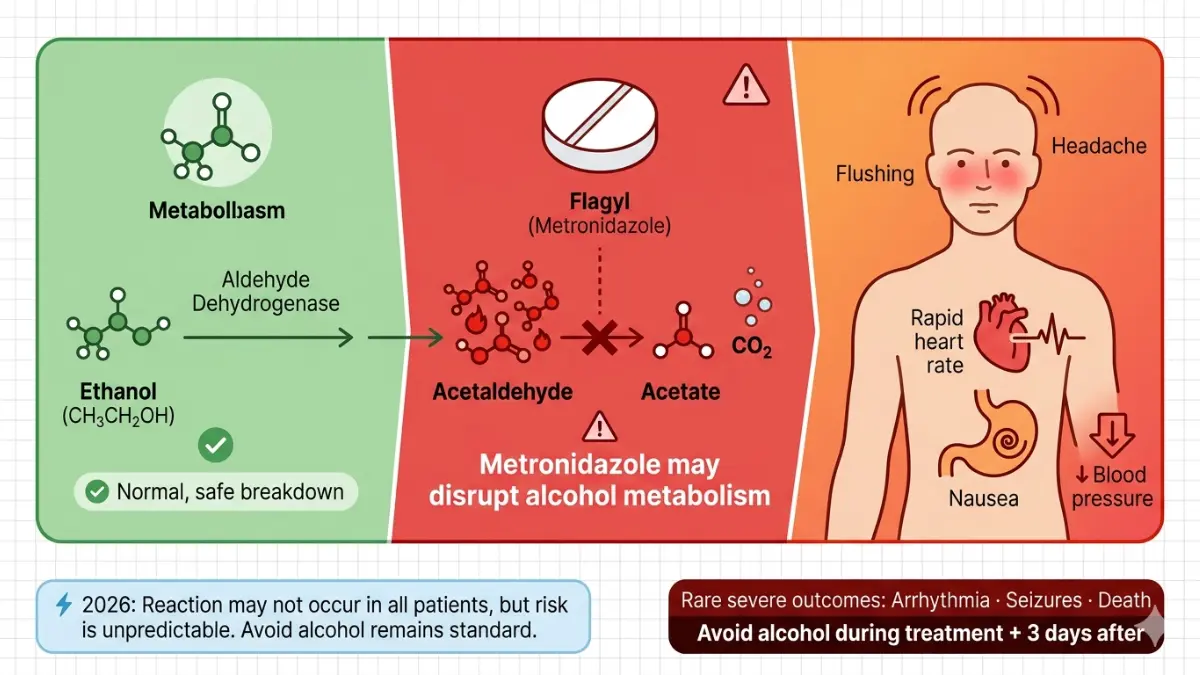 Flagyl alcohol interaction diagram showing how Flagyl metronidazole blocks alcohol metabolism causing acetaldehyde buildup and severe reactions