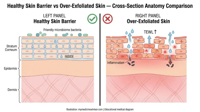 Medical diagram of healthy skin barrier vs damaged barrier from over Exfoliating showing stratum corneum disruption, TEWL water loss, and bacterial penetration