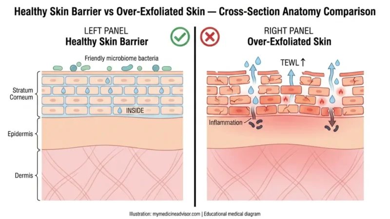 Medical diagram of healthy skin barrier vs damaged barrier from over Exfoliating showing stratum corneum disruption, TEWL water loss, and bacterial penetration