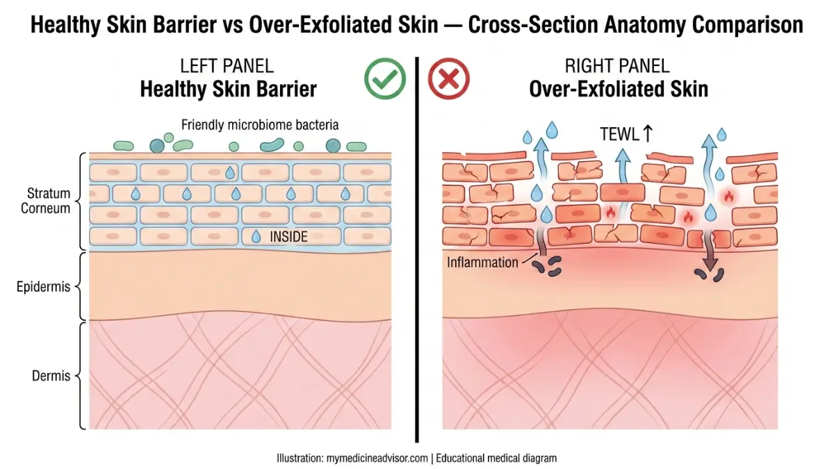 Medical diagram of healthy skin barrier vs damaged barrier from over Exfoliating showing stratum corneum disruption, TEWL water loss, and bacterial penetration