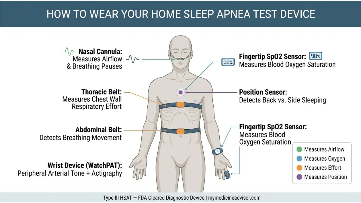 Home Sleep Apnea Test sensor placement on human body showing nasal cannula chest belt oximeter and wrist device