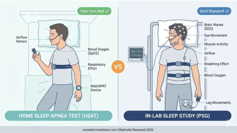 Home Sleep Apnea Test vs lab sleep study comparison showing HSAT sensors and PSG monitoring setup