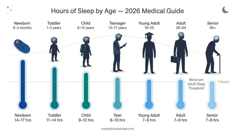 Hours of Sleep chart by age showing newborn to senior sleep needs with medical timeline illustration