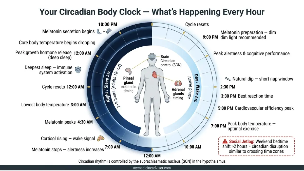 Hours of Sleep circadian rhythm clock showing 24 hour body cycle and hormone activity timeline