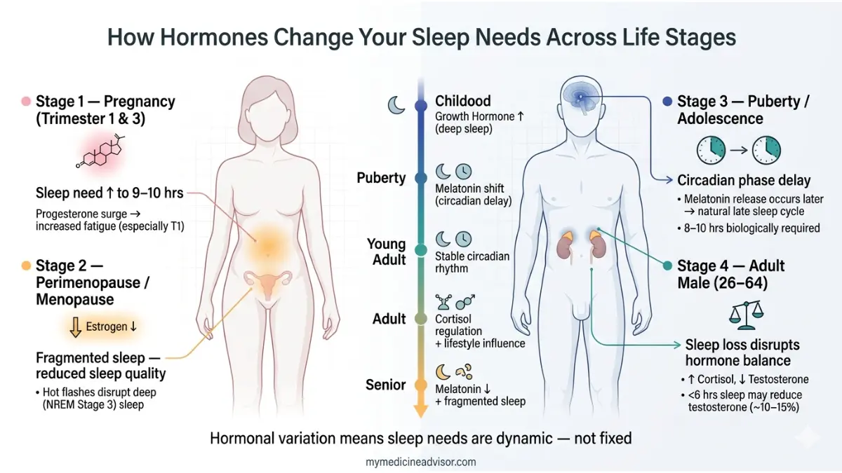 Hours of Sleep influenced by hormones across life stages including puberty pregnancy and aging
