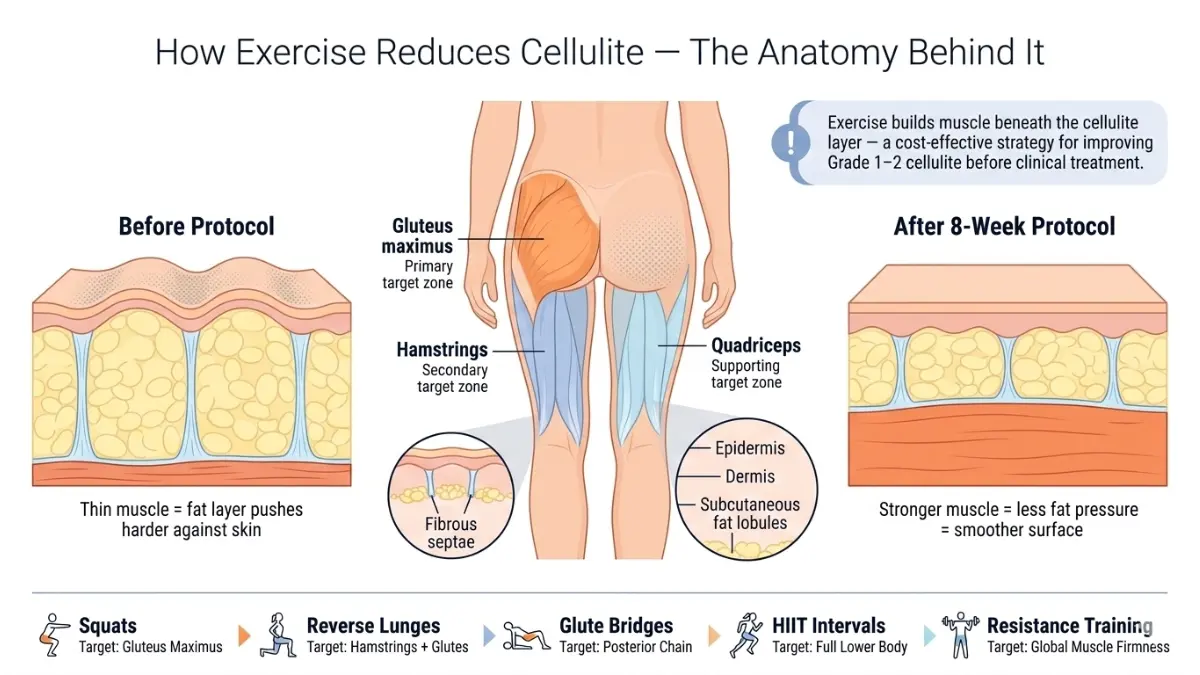cellulite anatomy diagram showing how exercise reduces cellulite by strengthening gluteus maximus hamstrings and thigh muscles beneath the skin