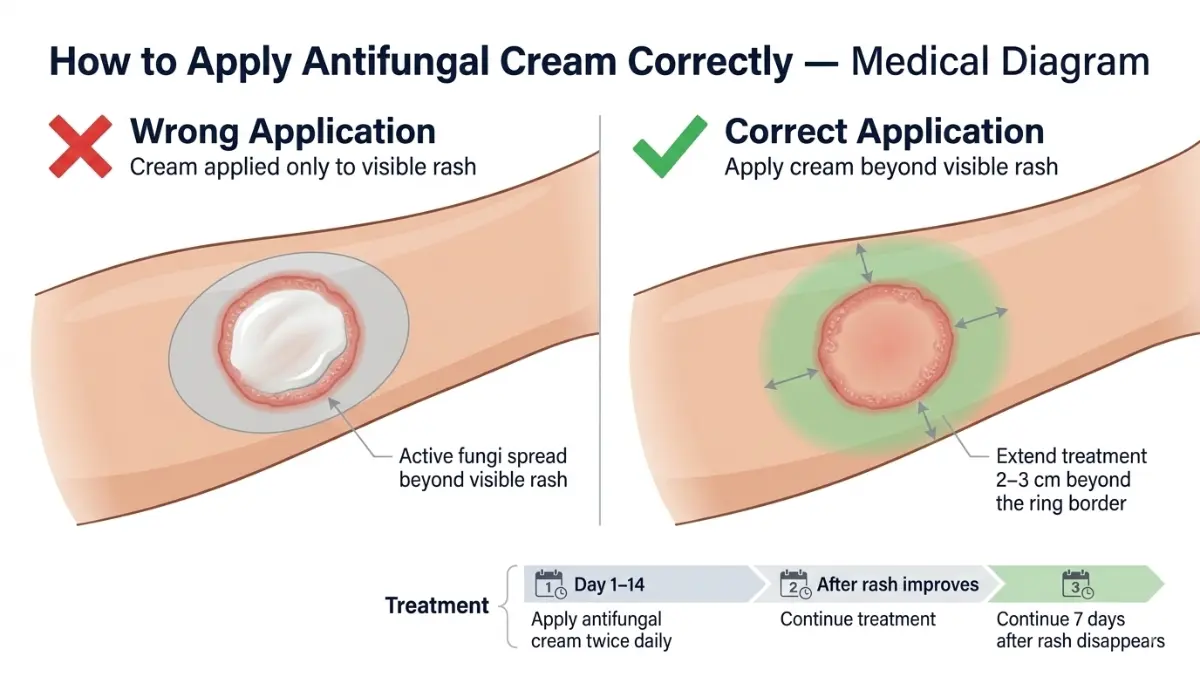 ringworm treatment diagram showing correct vs incorrect antifungal cream application extending 2–3 cm beyond the ring border
