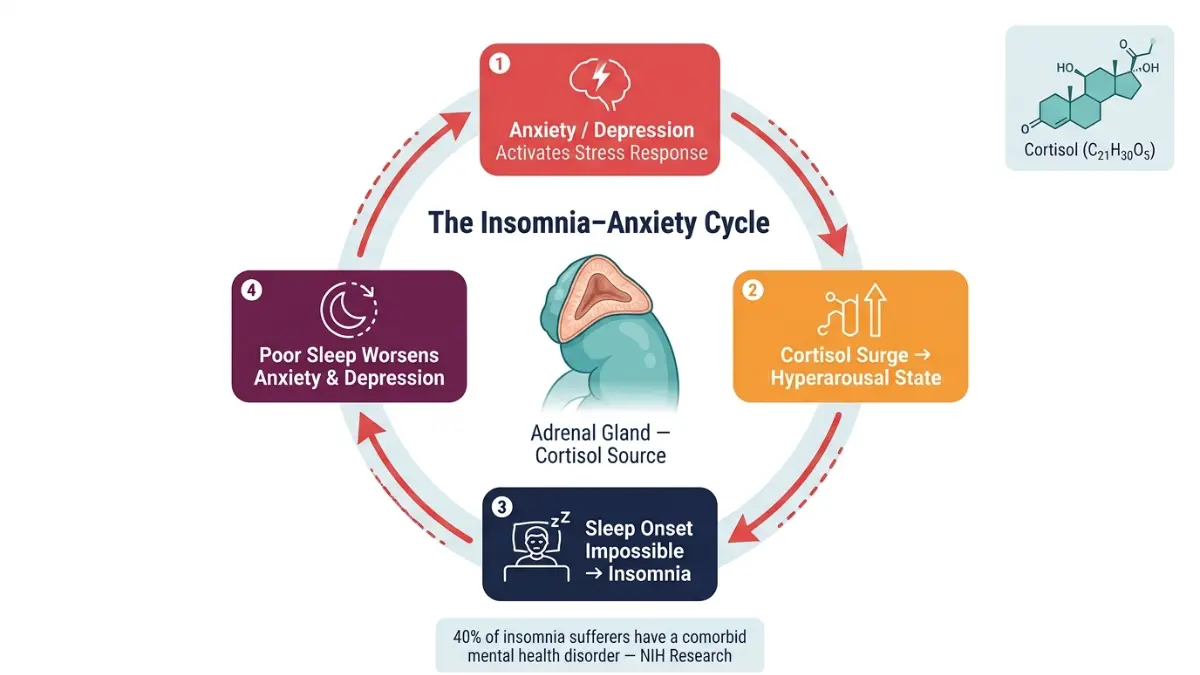Insomnia anxiety cycle diagram showing adrenal gland cortisol surge and stress loop causing insomnia