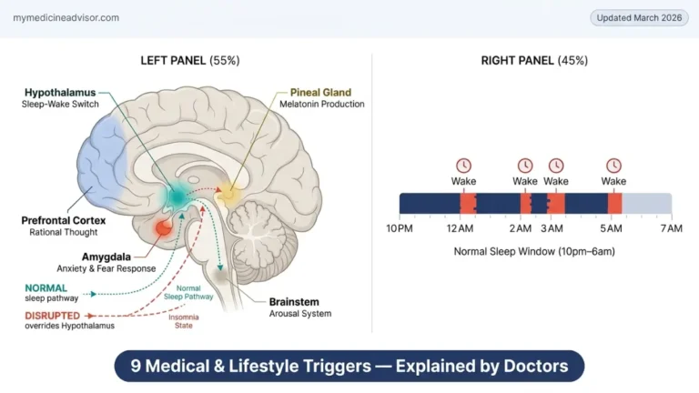 Insomnia brain diagram showing hypothalamus, amygdala, pineal gland and disrupted sleep pathway causing insomnia