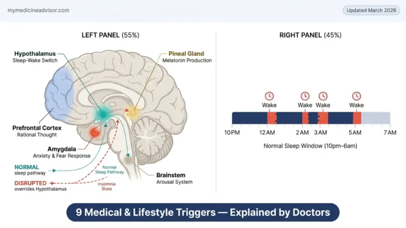 Insomnia brain diagram showing hypothalamus, amygdala, pineal gland and disrupted sleep pathway causing insomnia
