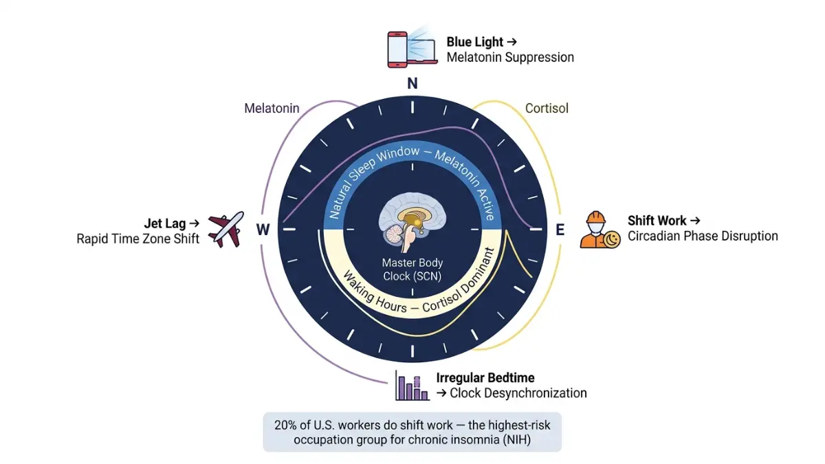 Insomnia circadian rhythm diagram showing SCN clock blue light shift work and melatonin disruption causing insomnia