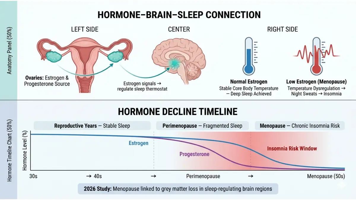 Insomnia hormone imbalance diagram showing estrogen decline, menopause and sleep disruption in women causing insomnia