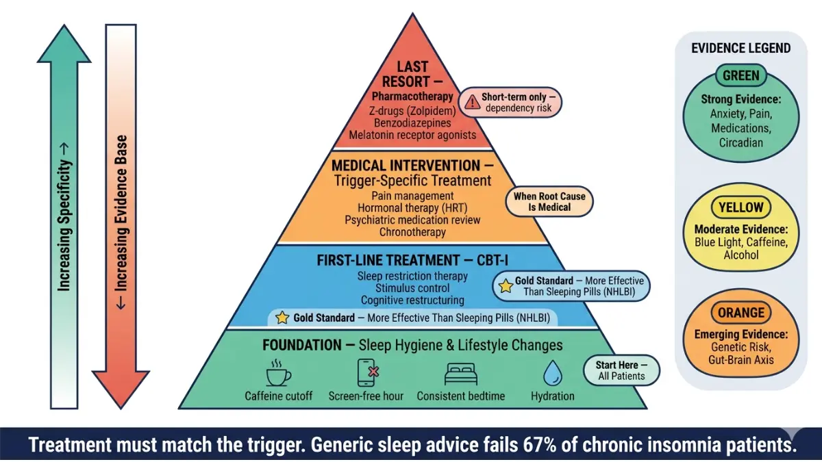 Insomnia treatment pyramid showing CBT-I lifestyle changes and medications hierarchy for managing insomnia