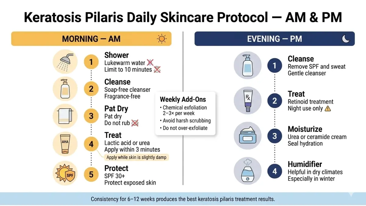 Keratosis Pilaris Treatment daily skincare routine diagram showing morning and evening protocol for cleansing exfoliation moisturizing and protection