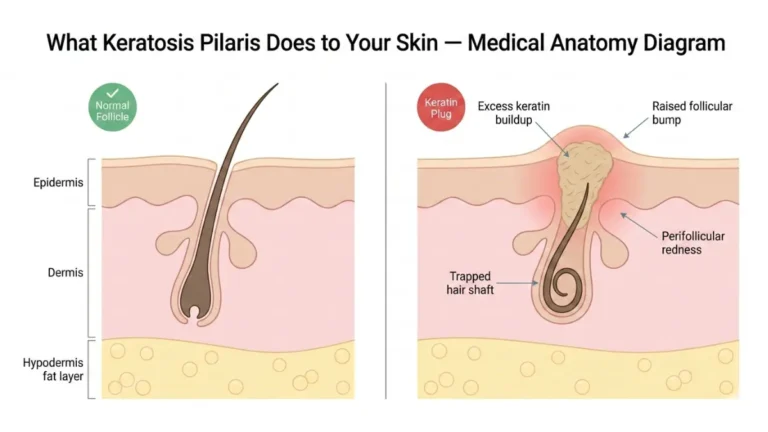 Keratosis Pilaris Treatment medical anatomy diagram showing normal hair follicle vs keratin plug blockage in keratosis pilaris skin cross-section